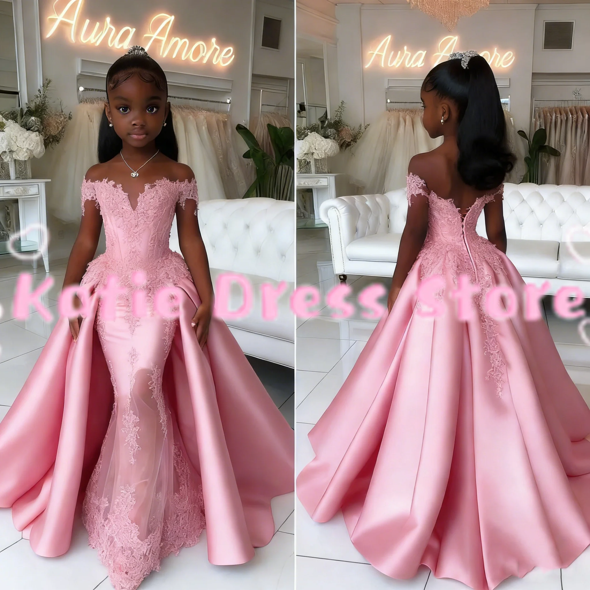 Customized Elegant Pink Satin Flower Girl Dress For Wedding Lace Applique Puffy Kids Birthday Party First Communion Ball Gowns
