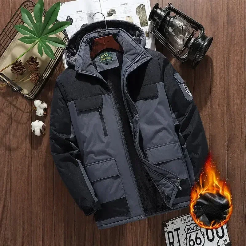 メンズフリースジャケット,厚手のコットンパッド入りジャケット,フード付きアウトドアコート,防風パーカー,ラージサイズ,ファッショナブル,冬