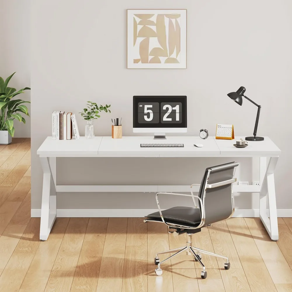 

Large White Desk, Wooden and Metal 70 Inch Computer Desk, Modern Extra Long Double Desks for Home Office Executive Writing Stud