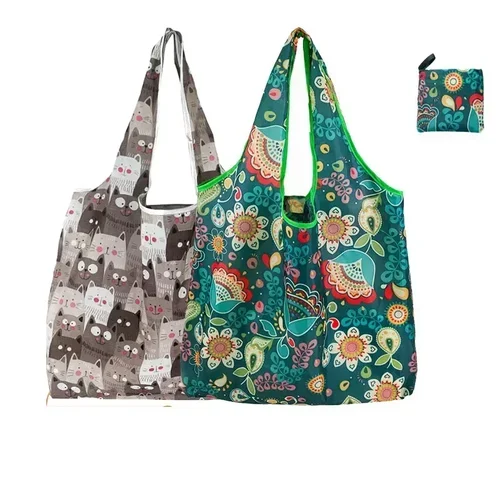 Imagen 2 del producto Bolsa de compras reutilizable con diseño de gato, bolsa de compras plegable de nailon, creativa, ecológica, ligera y duradera, color rosa, azul y gris