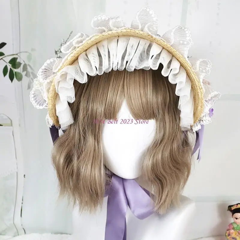 49ME 로리타 목가적 인 보닛 밀짚 모자 Sun C 용 달콤한 프릴 레이스 리본 보우 코스프레