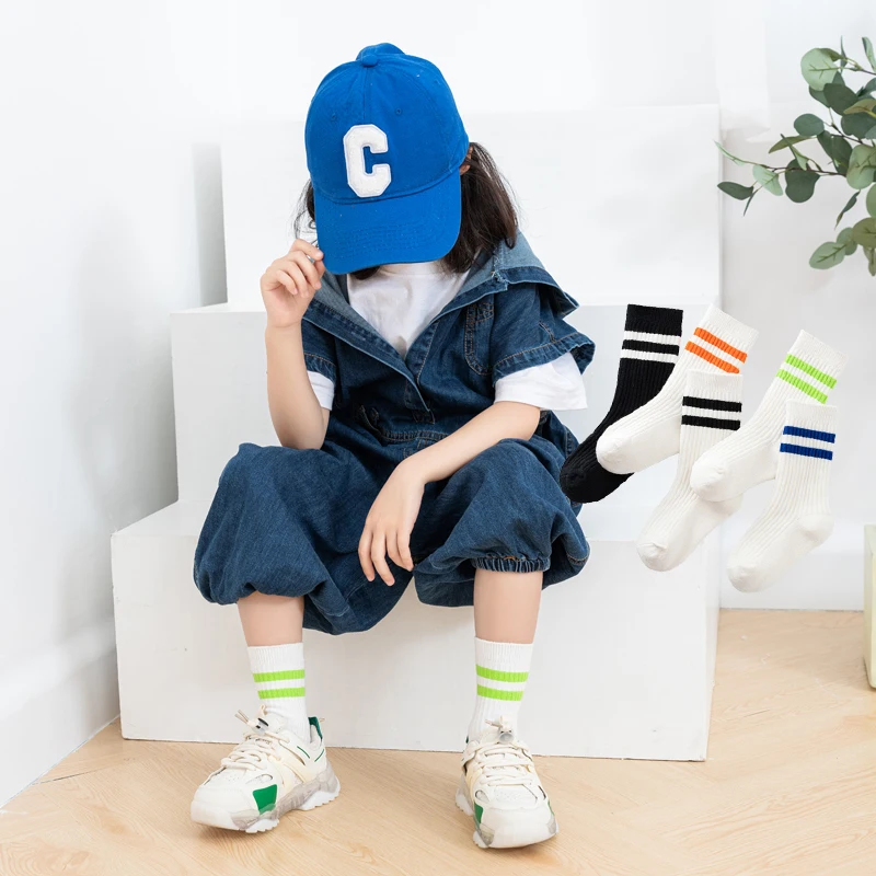 Children's Mid Length Socks Spring Autumn Thin Striped Two Bar White Cotton Socks Boys and Girls Elementary School Uniform Socks