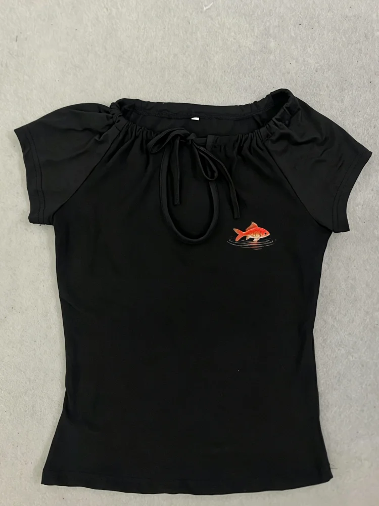 French Minimal Drawstring Keyhole Cap Sleeve T-shirt Ruched Stretch Black Cropped Hot Girl Top