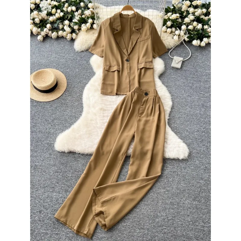 

Suit Pants Suit Women 2025 Summer Commuting Loose Suit Collar Short-sleeved Tops High Waist Wide-leg Pants Women Two-piece Set