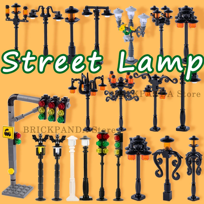 MOC City street Traffic Indicator Lights Building Blocks Halloween Bat Lamp Vintage Park Street Light Model Parts Bricks Toys