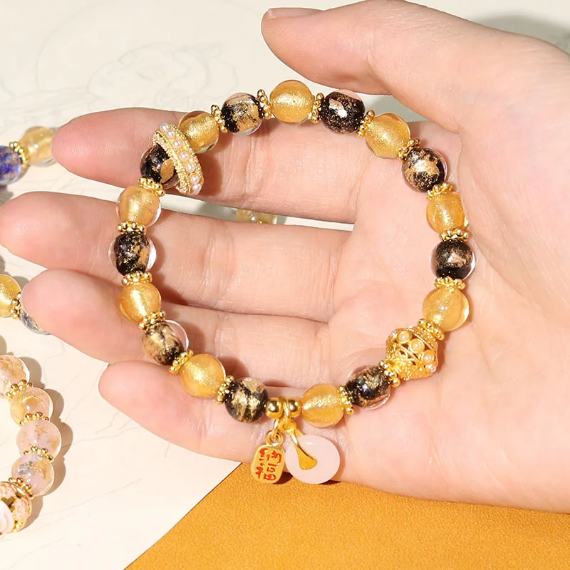 Women's Fragrant Ash Glaze Bracelet with Gold Foil Beads for Luck and Blessings Gifts