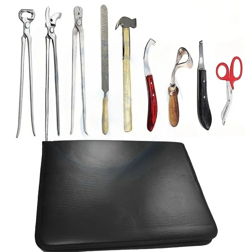 Profesjonalny 8-częściowy zestaw narzędzi do pielęgnacji kopyt końskich z szczypcami w skórzanej torbie, standard niemiecki, marka DADDY D PRO