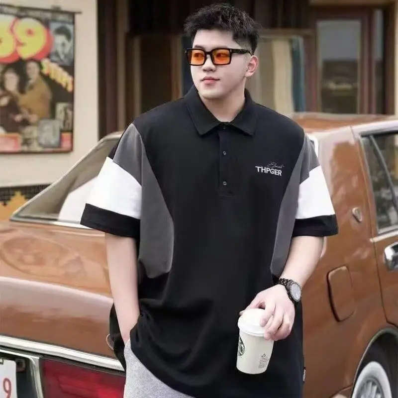 [Hot-selling ] Trendy New Fat Plus Size Loose Lapel Short-sleeved T-shirt Trendy Brand Fat Men's Half-sleeved Polo Shirt Trendy