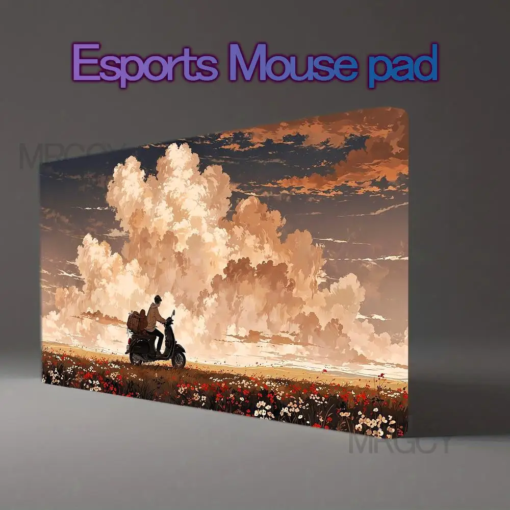 Anime Traveler On Scooter Flower Field Dusk Cloud Large Mouse Pad Retro Cartoon Scenery escritorio accesorios mouse pad grande