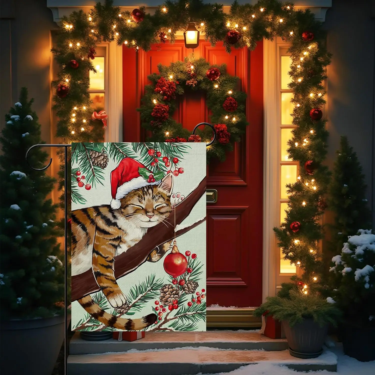 Christmas Sleeping Tabby Cat Decorative Garden Flag, Xmas Pine Branch Red Berry Yard Outside Home Decor Pet Owner Lover Gift ZZA