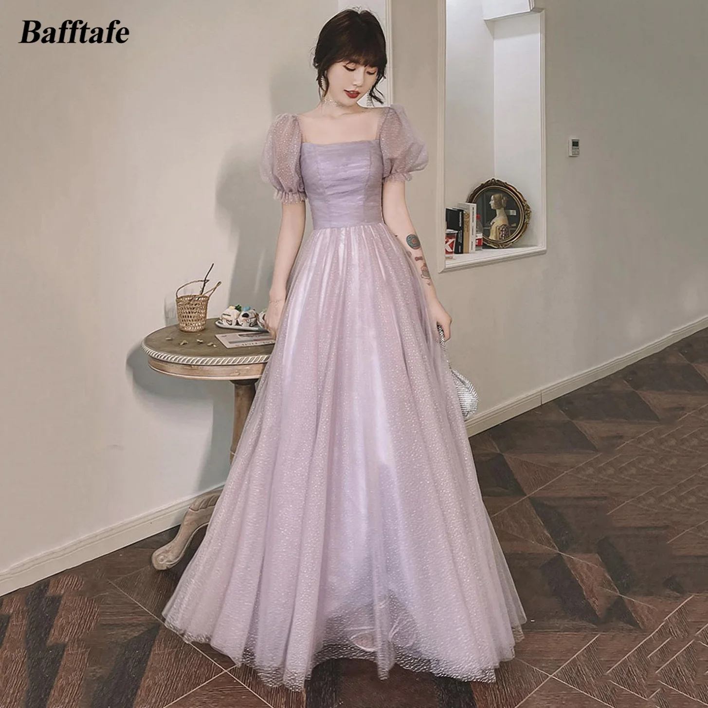 

Bafftafe Shiny Tulle Long Prom Dresses Korea Women Short Sleeves Formal Party Evening Dress Wedding Photo Shoot Gowns Customized