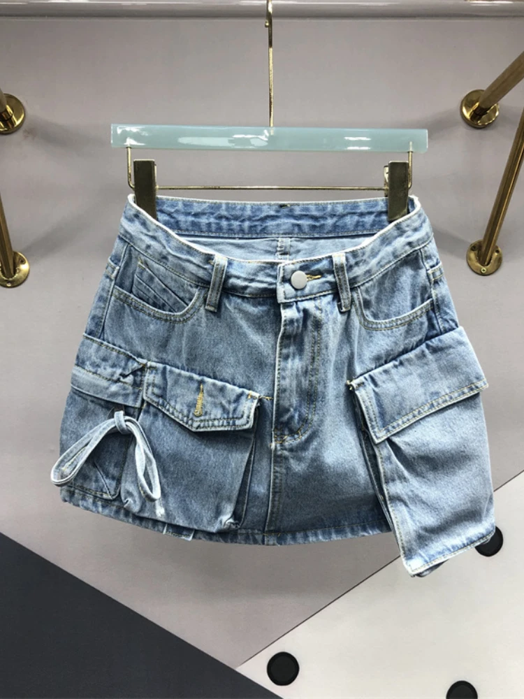 

Women Pocket Spliced Solid Denim Skirt High Waist Bow Tie Vintage Irregular Pocket Blue Skirts All-match Streetwear Clothes