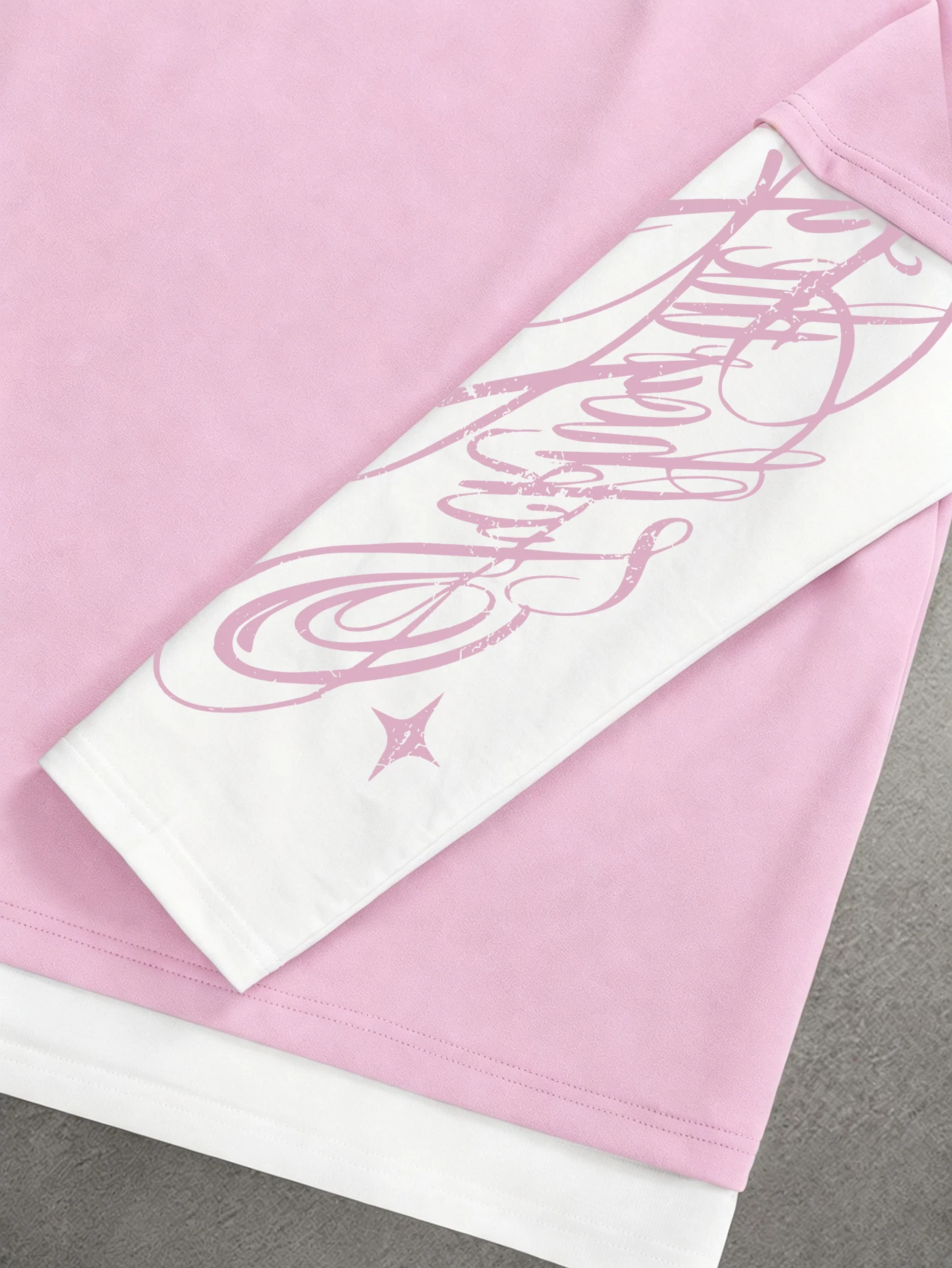Herren- und Damen-T-Shirt mit Langen Ärmeln, Zweiteiliger Optik, Stern-Logo, Kursivdruck, Mehrlagiger Rundhalsausschnitt, Y2K Hip-Hop Streetwear, Oversized-Top – Detail 20