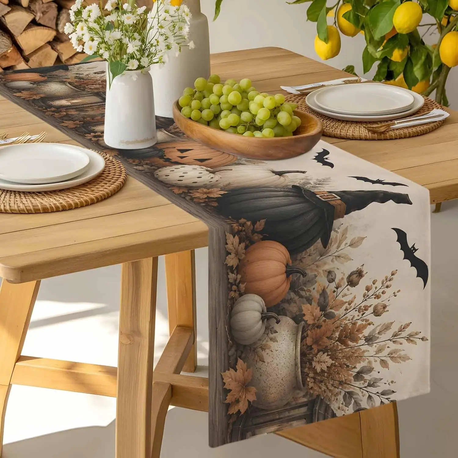 Halloween Pumpkin Witch Hats Linen Table Runner Holiday Party Decor Reusable Kitchen Dining Table Runner Halloween Decorations