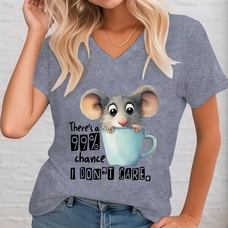 There\'s A 99% Chance I Don\'t Care Print T Shirt Women Funny Humor Animal Opossum Quotes Tops Camisas Cartoon Lady V-Neck Tshirt