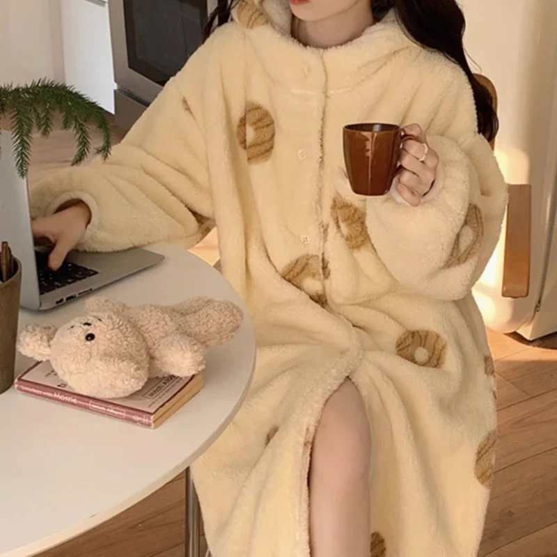 Women\'s Autumn Winter Coral Velvet Pajamas Nightgown Padded Thickened Female Hooded Homewear Cute Princess Style Long Bath Robe