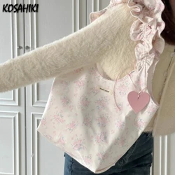 Kobiety Y2k Estetyczna moda Ruffles Handbags New All Match Cute Girl Underarm Bag Flower Kawaii Sweet Print Shoulder Canvas Bags