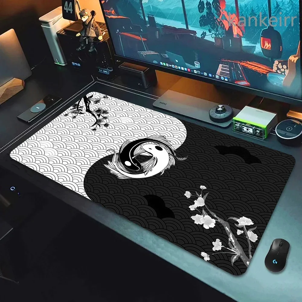 Koi Yinyang Black and White Mouse Pad Large Mausepad XL Deskmat Gray Keyboard Mouse Mat 1000x500 Carpet Extended Pads for Office