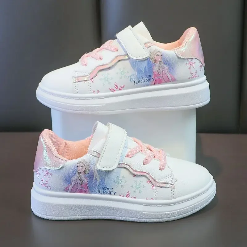 Disney girls little white shoes spring elsa new leather low top board shoes girls cartoon frozen sneakers single casual shoes