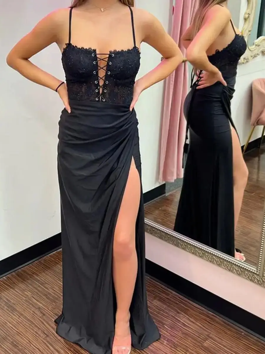 Women Spaghetti Straps V-Neck Lace Satin Prom Dresses Long High Slit Evening Gowns Sleeveless Formal Party Dress robes de soirée