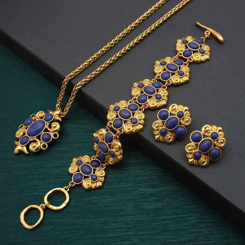 

Mid-range Lapis Lazuli Bracelet Necklace Calaite Earring Three-piece Set Vintage Jewelry Set Classic Statement Craft for Women