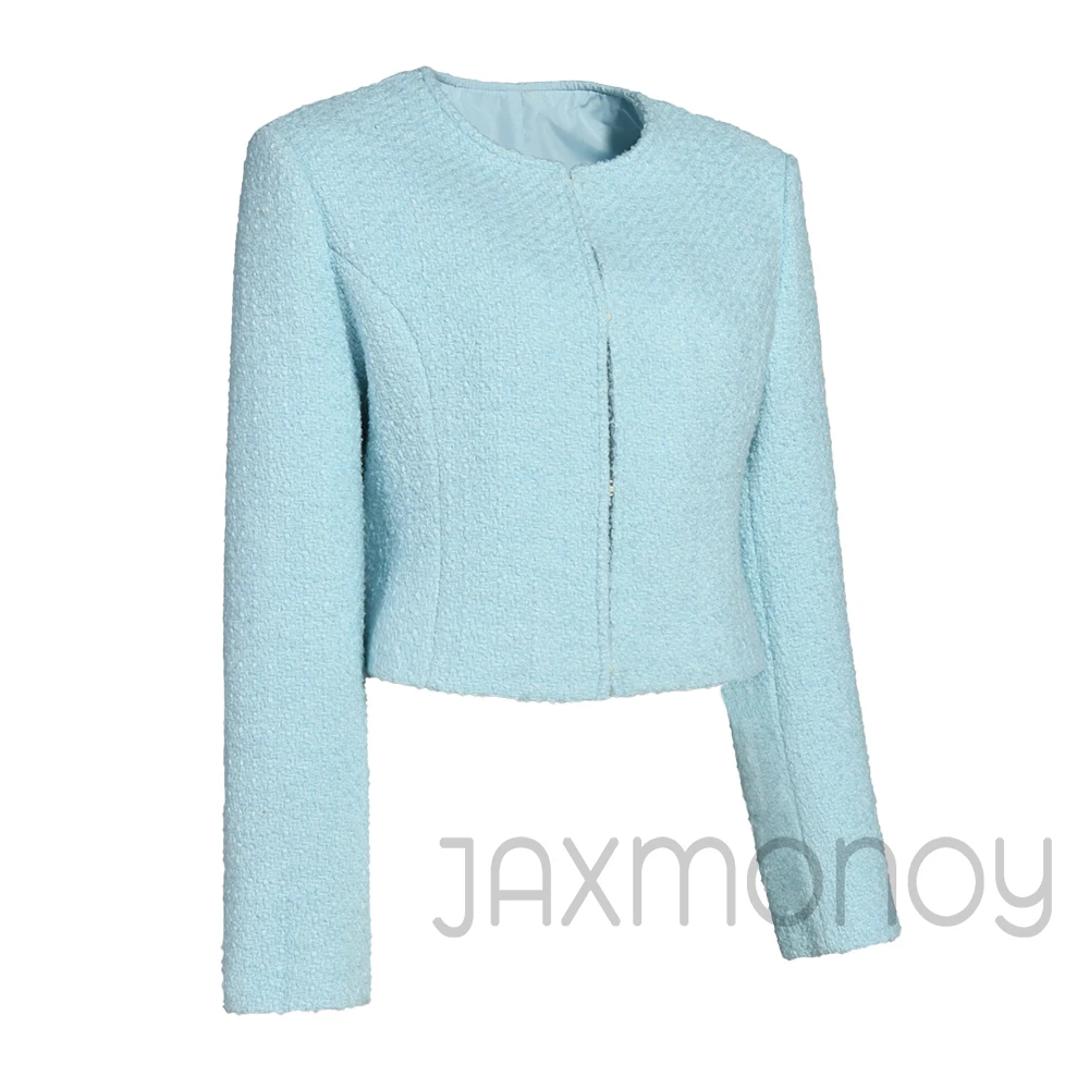Jaxmonoy Wool Blend Tweed Jacket for Women O-Neck Elegance Full Sleeves Short Coat 2026 Spring Fall New Arrival Outerwear Female