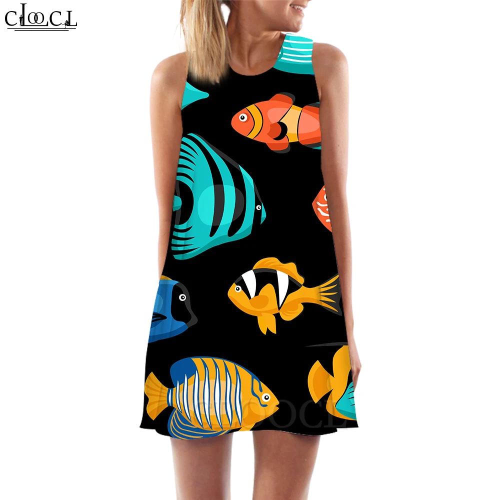 CLOOCL แฟชั่นผู้หญิง Tank Tops ชุดเดรสสั้น Koi ปลาคาร์พสัตว์กราฟิก 3D พิมพ์หลวมเอว Sundress Vestidos