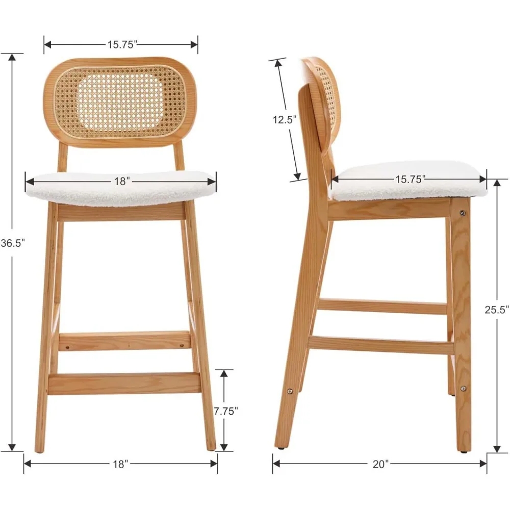 Set of 2 Rattan, Wood, Sherpa Bar Stools Counter Height, Upholstered Kitchen Island, Pub, Breakfast