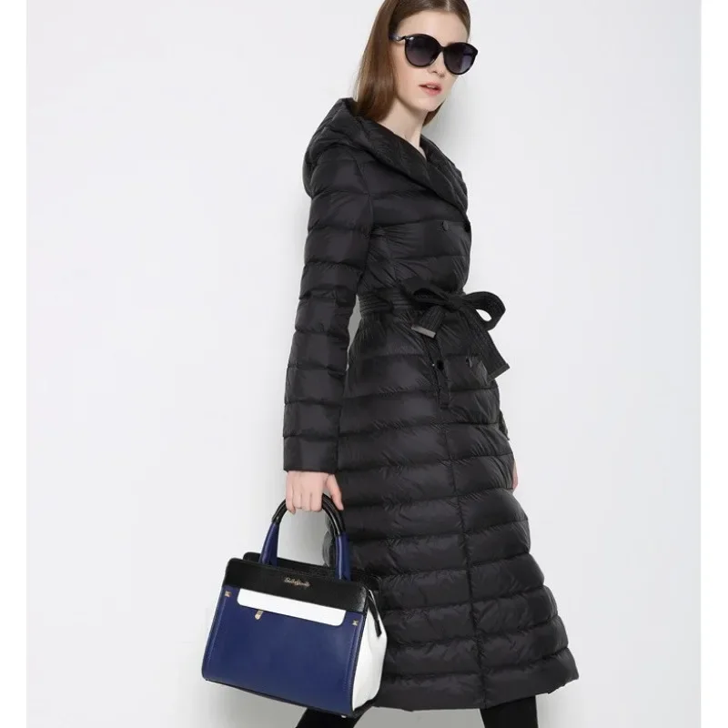 Damskie lekkie, długie kurtki puchowe z kapturem, ciepłe parki, długi rękaw, wyszczuplające, dwurzędowe płaszcze z paskiem, odzież damska.