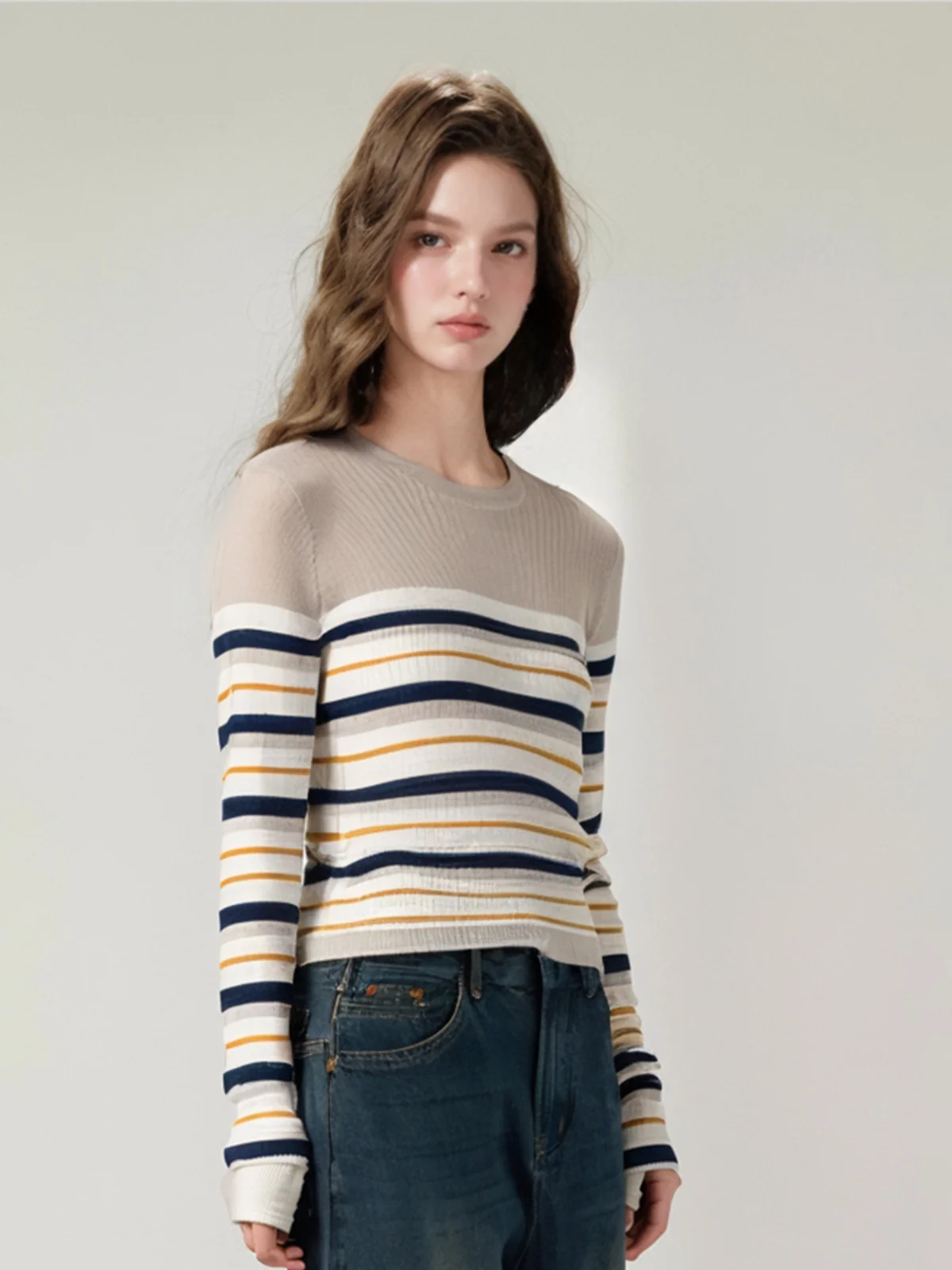 

Разноцветный вязаный свитер в полоску, легкий женский топ, удобный, приятный для кожи, с круглым вырезом, пуловер, осенний...