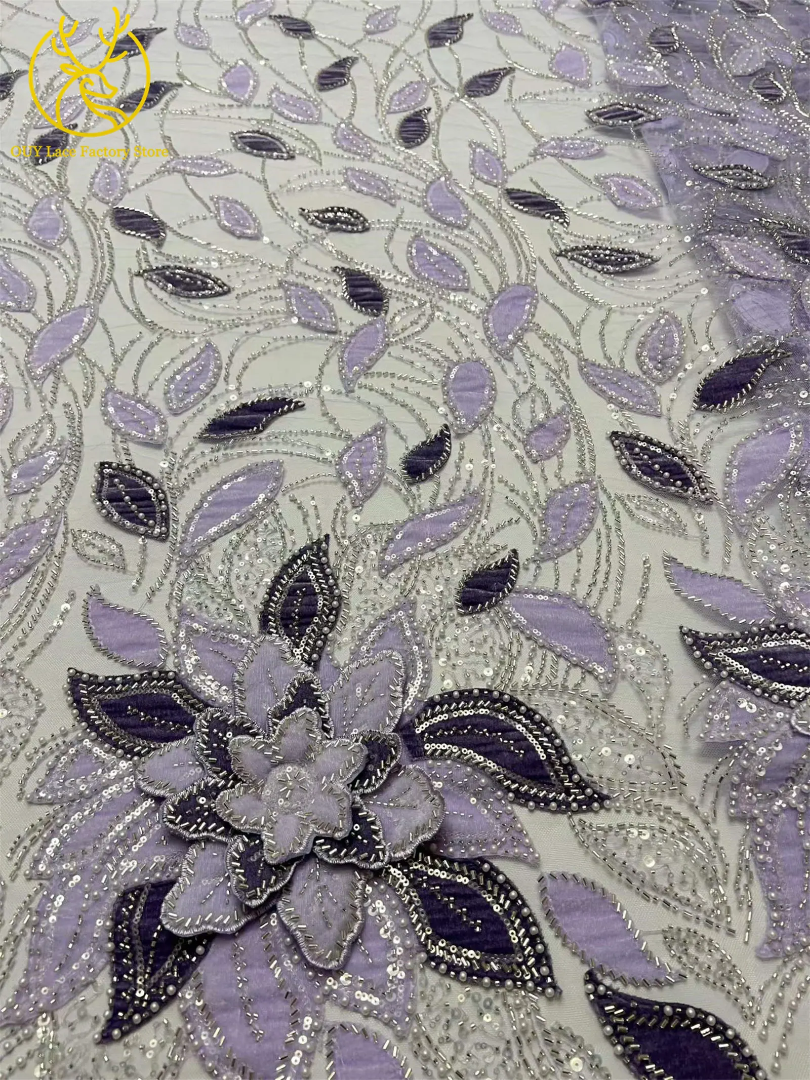 3D-Blumen handgefertigter Perlen-Spitzenstoff, afrikanischer Spitzenstoff, exquisiter nigerianischer Pailletten-Tüll-Spitzenstoff für Hochzeitskleider zum Nähen – Detail 6