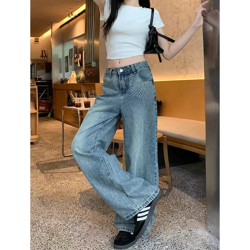 여성 빈티지 배기 라인스톤 맘 진 2025 가을 Y2K 하라주쿠 와이드 레그 데님 팬츠 2000년대 사이버 펑크 그런지 트라우저