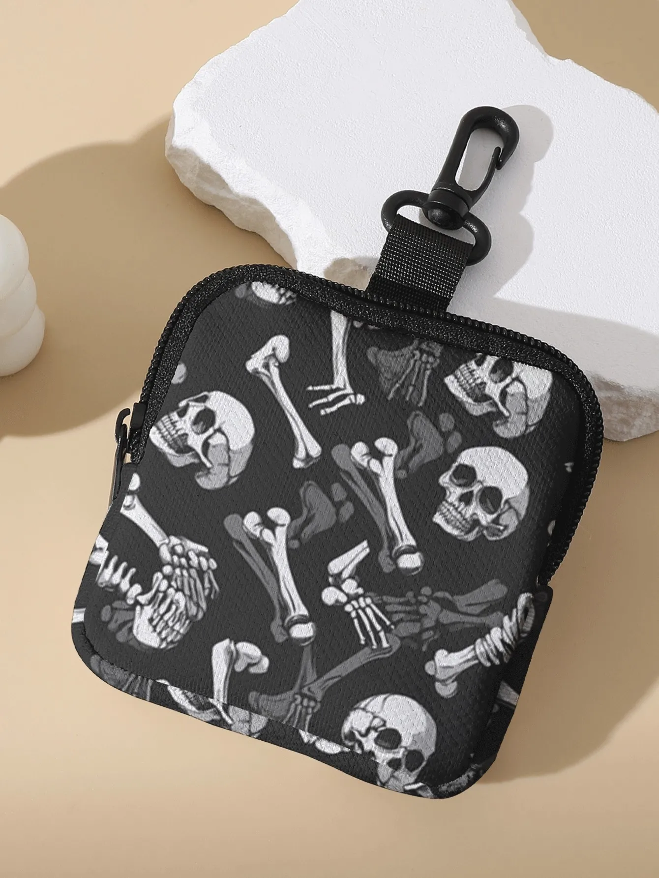 1pc, Portable coin purse with skull and bone print, small storage bag for coins and small accessories