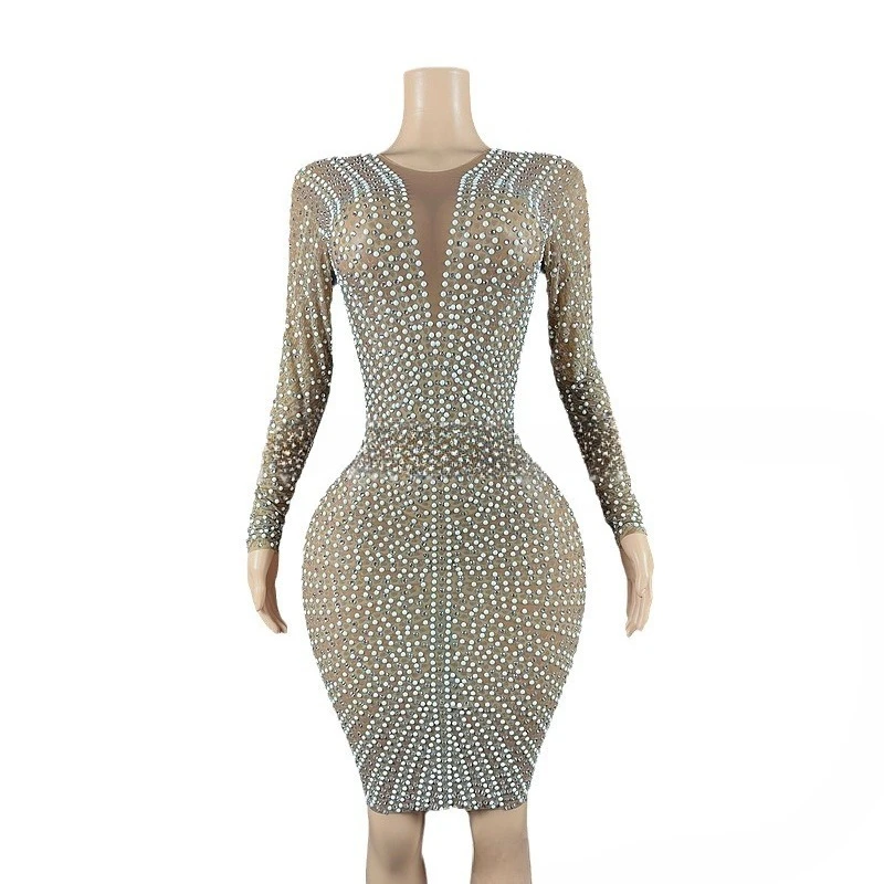 

Ladies Formal Dress Women Elegant Brown Mesh Pearl Diamond Halter Long Sleeve Elegant V-Neck Mid Waist Wedding Evening Dress