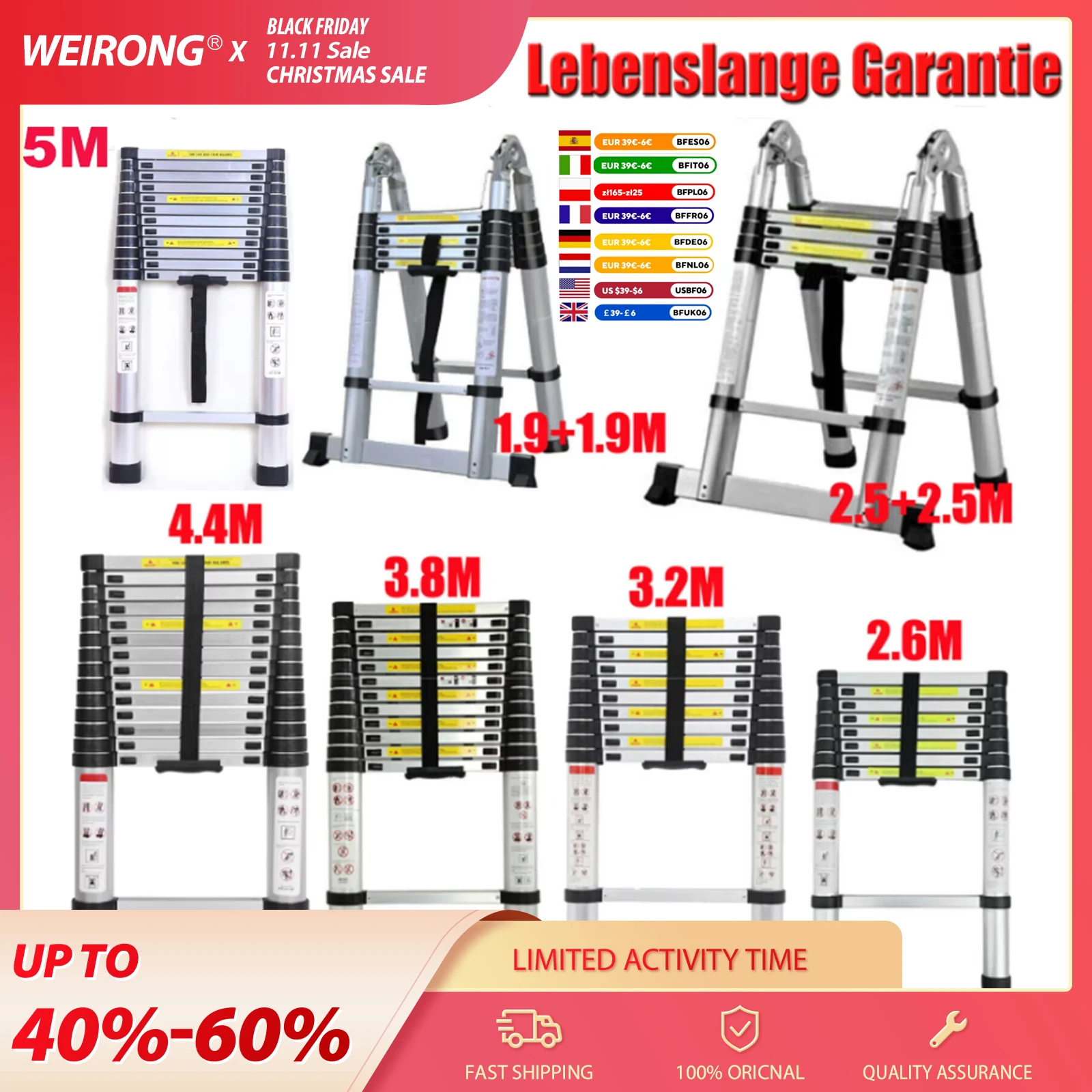 DayPlus Teleskop-Aluminium-2,6–5 m, klappbare Trittleiter, vielseitig einsetzbar, rutschfest, ausziehbar, Belastung, leicht, 150 kg Tragfähigkeit