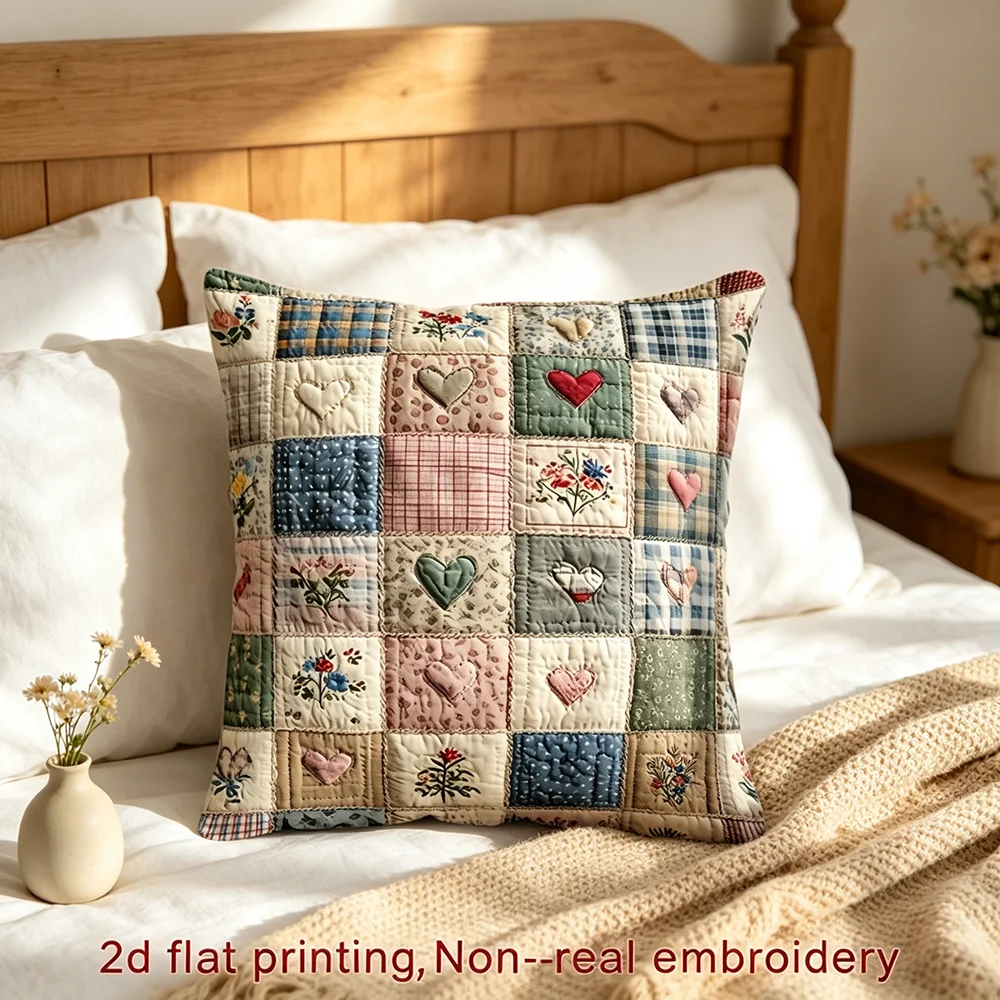 1 single-person throw pillow cover, featuring a patchwork heart print with a Bohemian retro style, suitable for sofa, bedroom