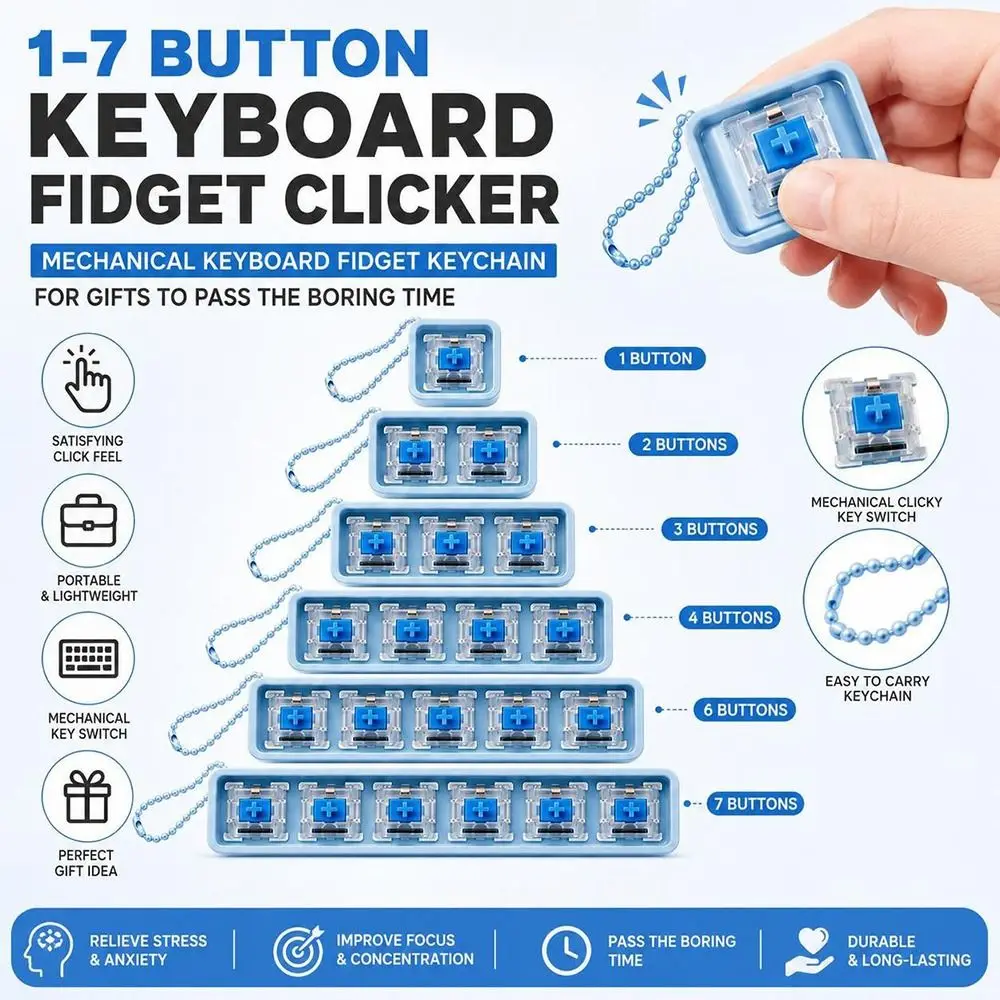 1-7Key Keyboard Fidget Clicker Toy Clicky Switch Relaxing Mechanical Fidget Keychain Keychain Attachment Finger Stress Toy