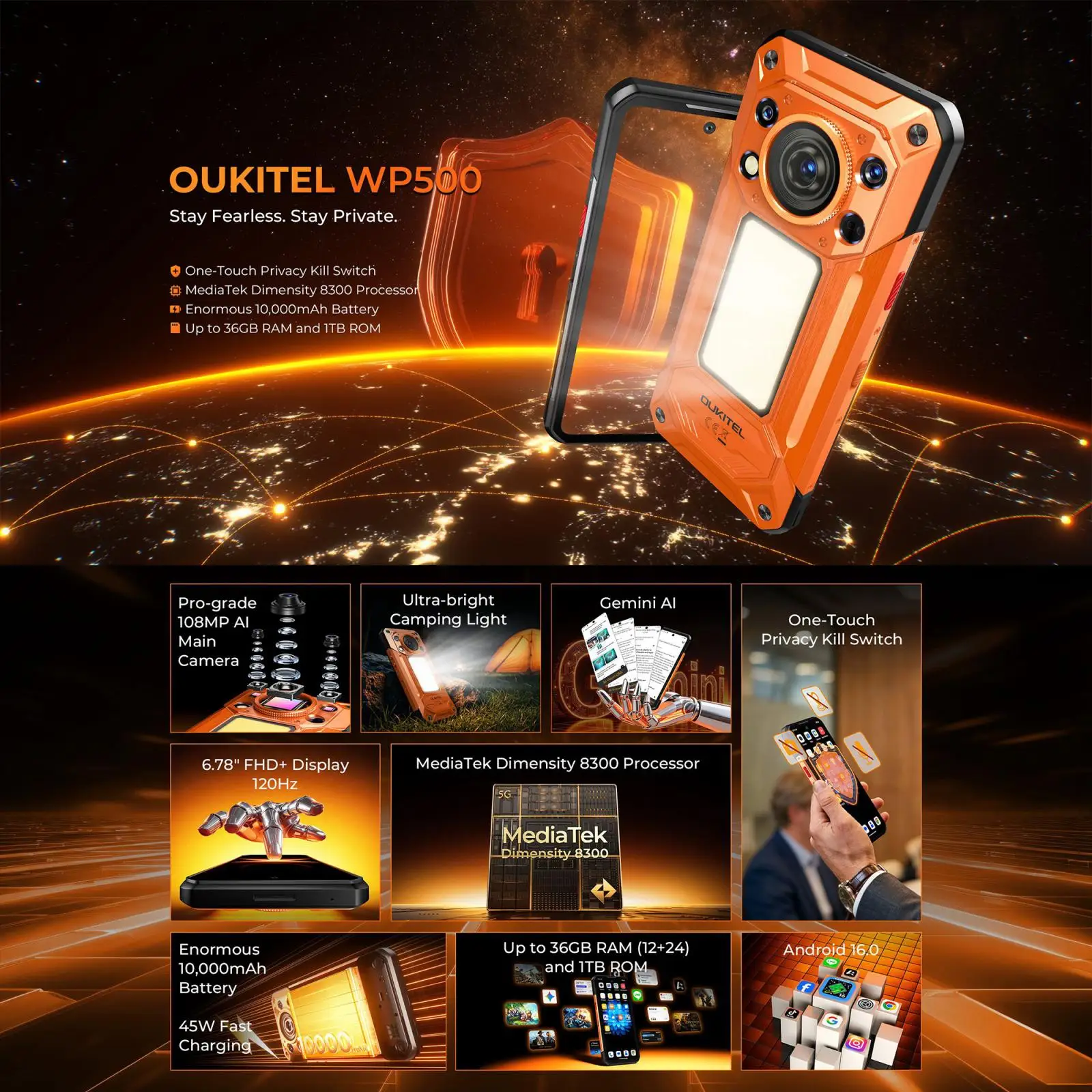 Oukitel WP500 5G Rugged Smartphone 12GB+1TB 108MP Camera 6.78 inch FHD+ Display 120Hz Night Vision 10000mAh 45W Android 16 NFC