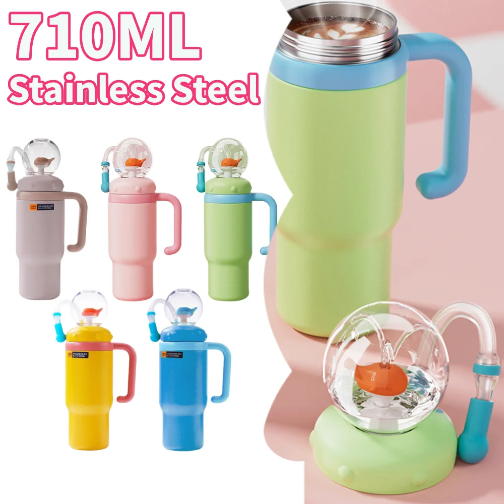 Taza con pajita de acero inoxidable de 710ML, vaso bonito para fuente de ballena con asa, Base de silicona antideslizante a prueba de fugas, taza de agua potable