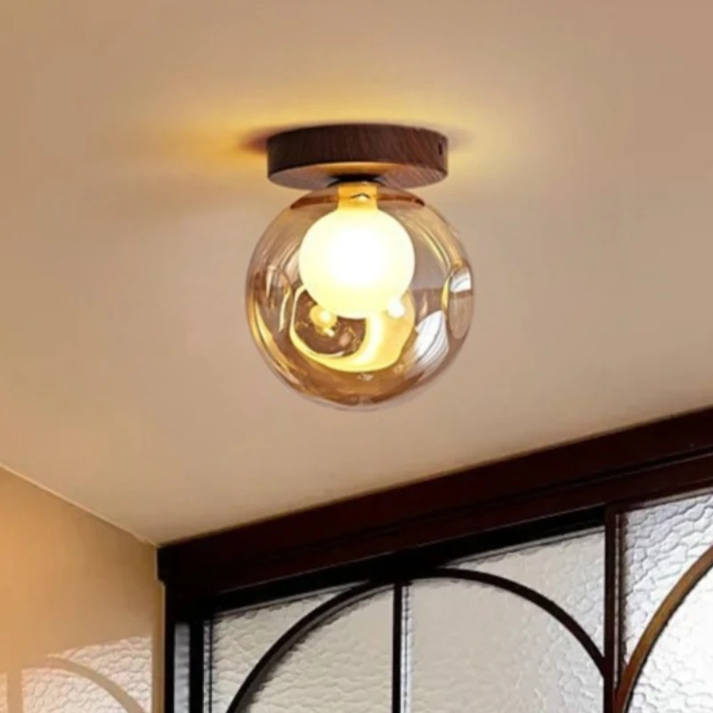 Nordic Vintage Amber Ceiling Light LED Glass Globe Lamp for Entryway Corridor Bay Window Balcony Hallway Home Decor Lighting