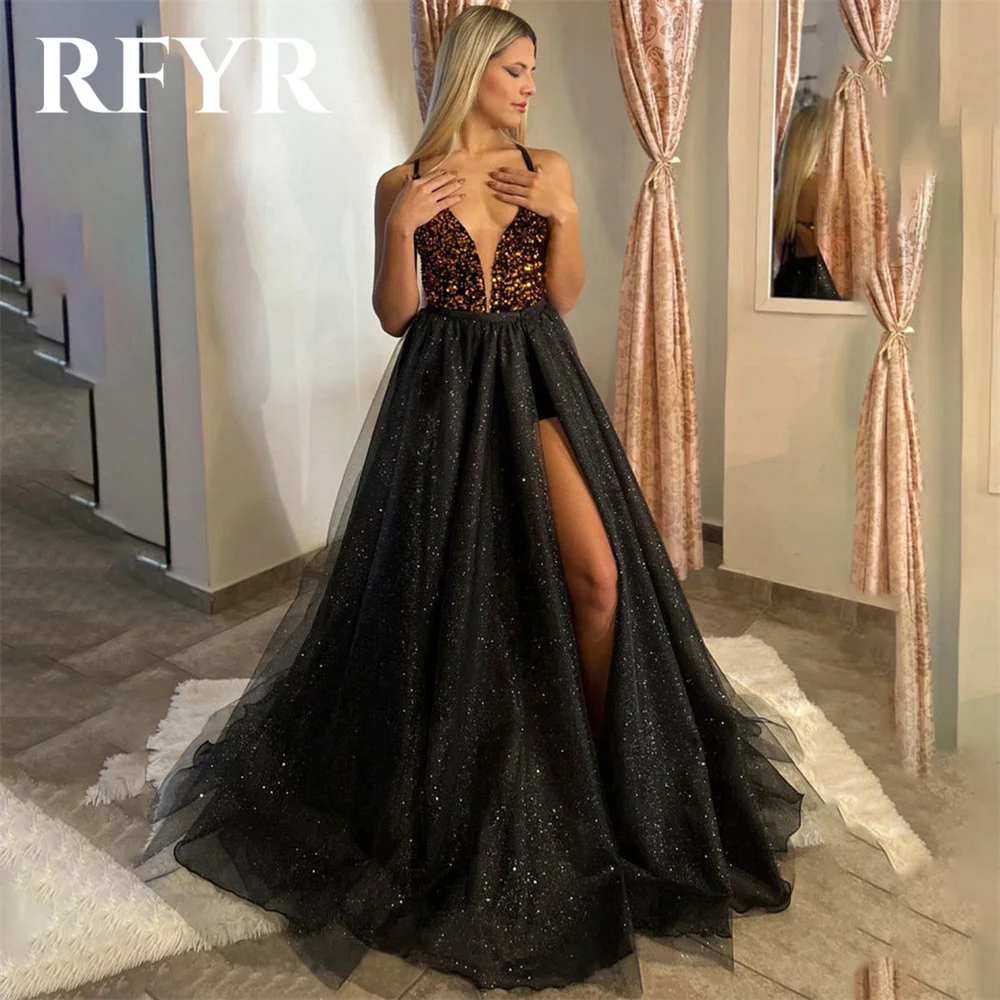 

RFYR Black Prom Dress V-Neck Sequin Evening Party Dress A Line Dress Floor Length Elegant Sleeveless Tulle Party Gown Customized