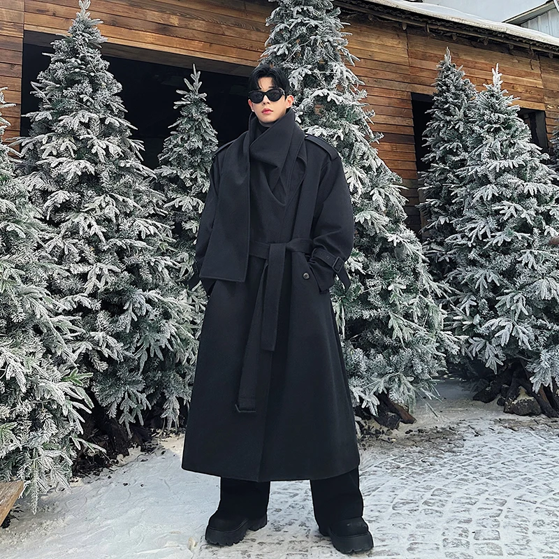 

Winter Long Over-Knee Men's Woolen Coat Scarf oulder Wrap Loose Fit Faionable Thi Youth Casual Pure Color