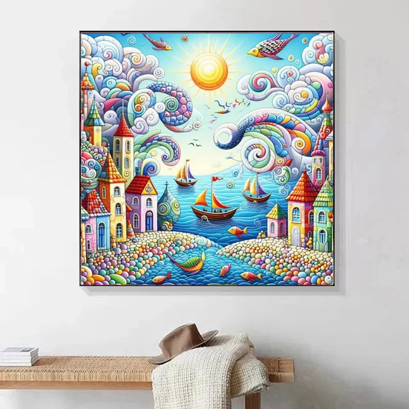 Landscape Sailboat Full Fairy Dust Drill Diamond Painting Seaside Town 5D DIY Crystal Mosaic Cross Stitch Embroidery Home Decor