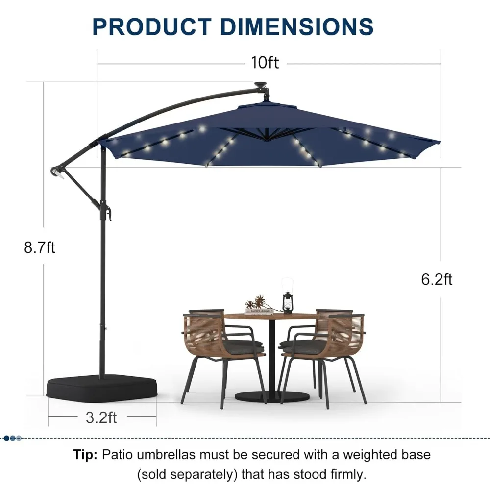 

10FT 40-LED Solar Lighted Patio Umbrella with Base Included, Outdoor Offset Cantilever Umbrella, Infinite Tilt, Customized