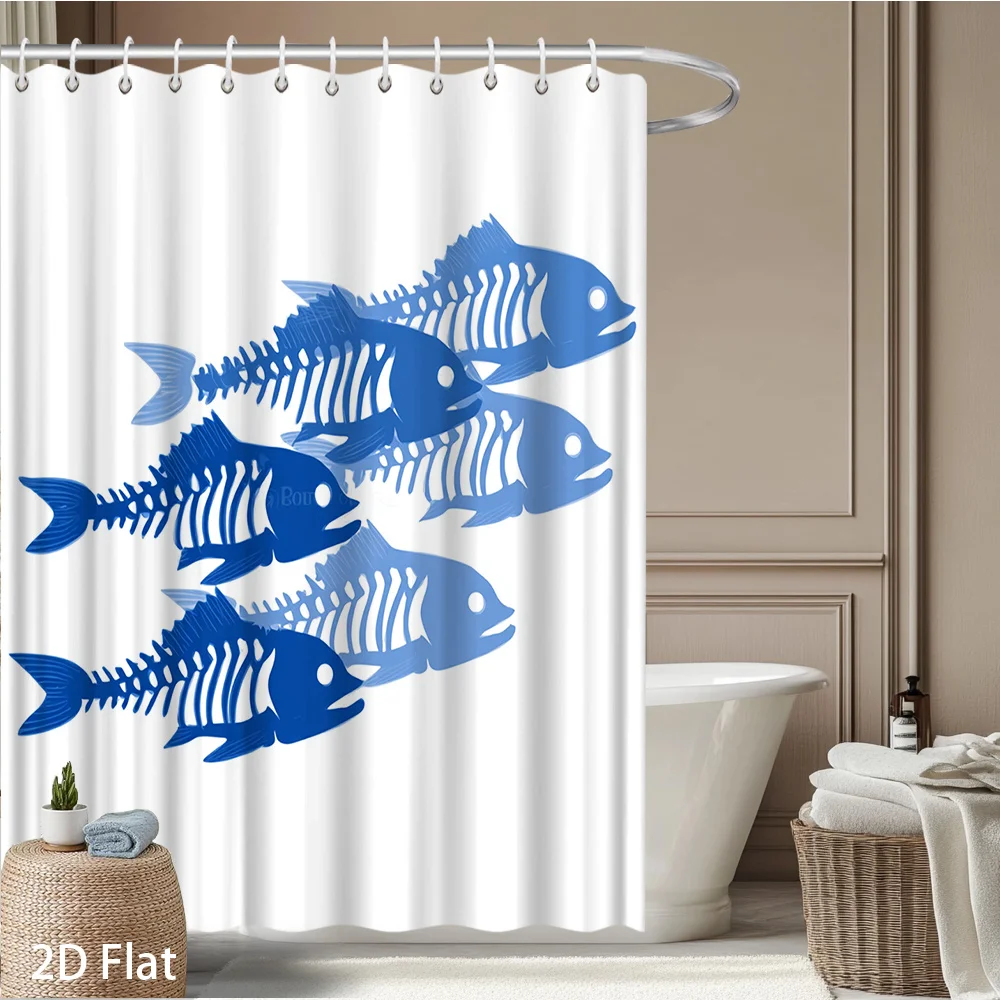 Blue Fish Skeleton Shower Curtain – 2D Flat Print, Fade-Resistant Polyester, 12 Hooks, 70.8