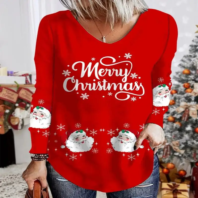 

Plus Size Christmas Santa Claus Abstract V-Neck Casual Long Sleeve Tops