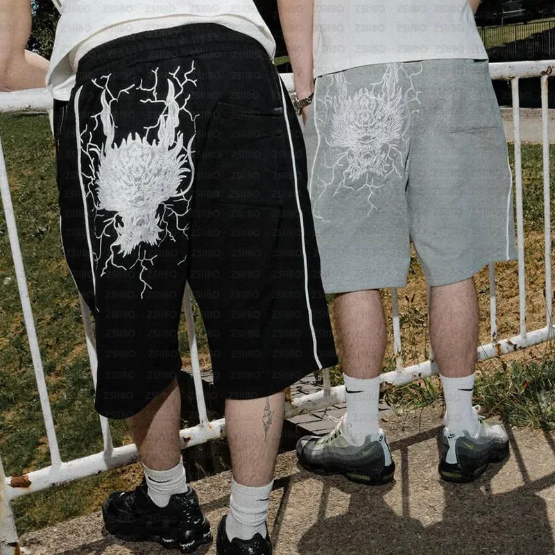 Hiphop Harajuku Retro Dragon Head Ricamo a strisce Casual Allentato Abbigliamento da uomo Punk Moda Streetwear Wom High Street Short