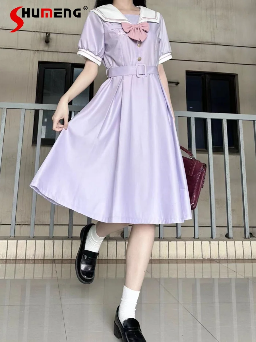 

Japanese Preppy Style JK Uniform Sailor Collar Bow Short Sleeve High Waist Belt Slim Fit A-line Pleated Long Dress Women Summer