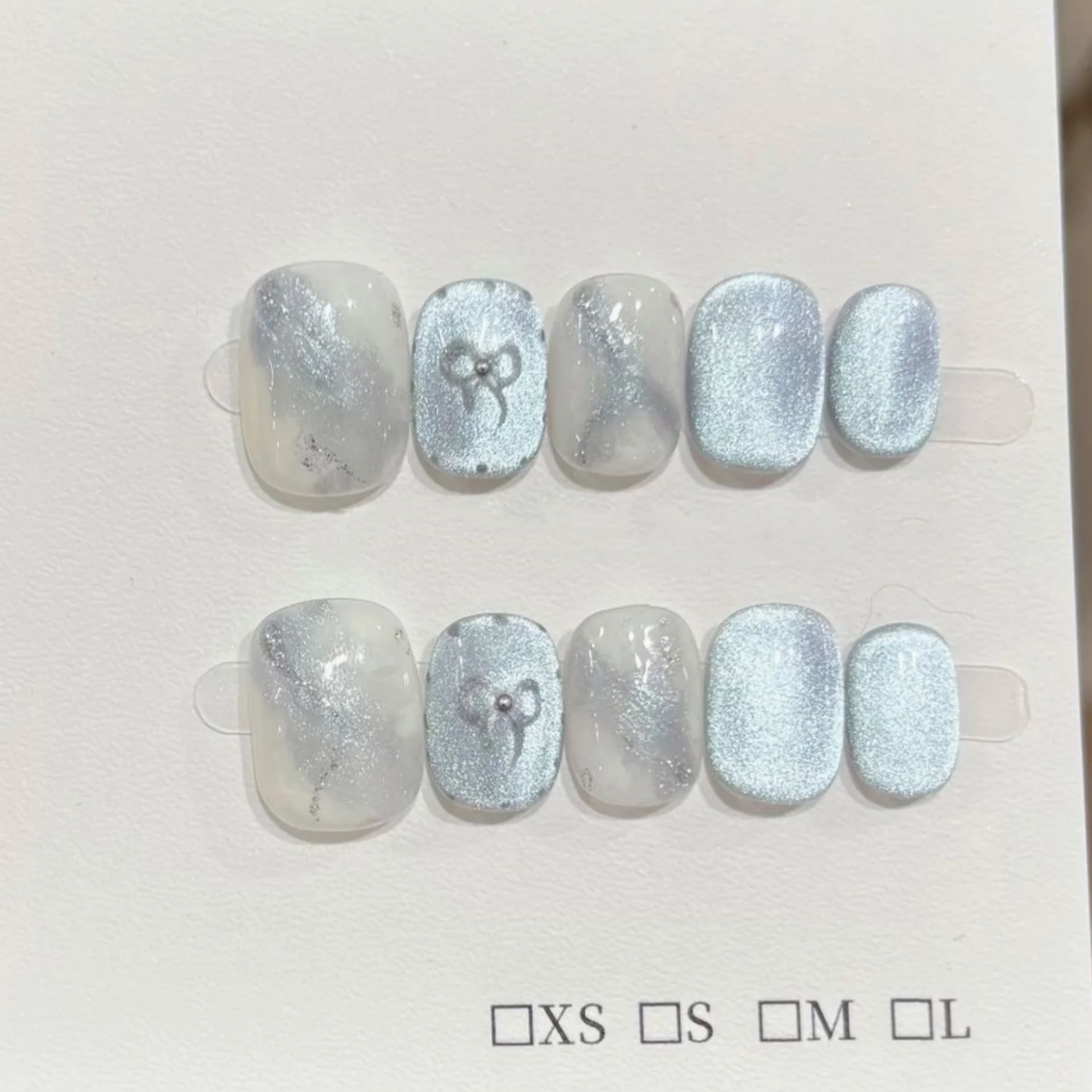 

10pcs Wearable Handmade Press on Nails Tip Cat's Eye Blue Fake Nail Art Glitter Short Square Full Cover Nail Bow False Nails Set