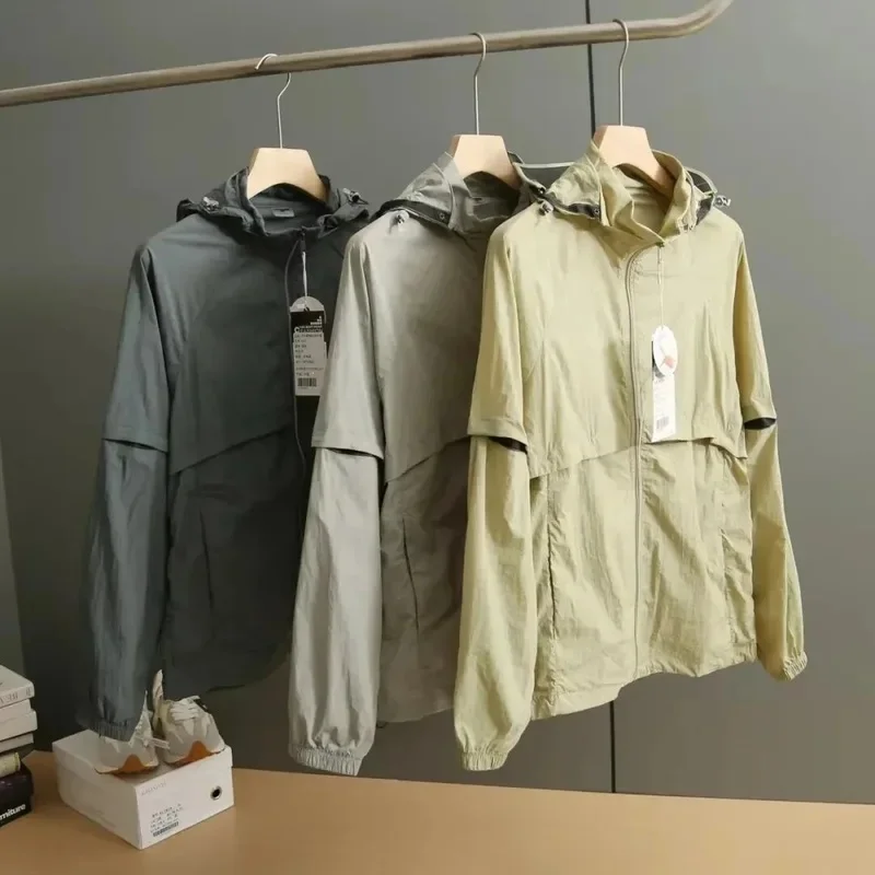 Unisex UV Protection Jacket UPF50+ Ice Silk Sunscreen Coat with Big Hood Wide Brim Fishing Hiking Camping Double Open Design